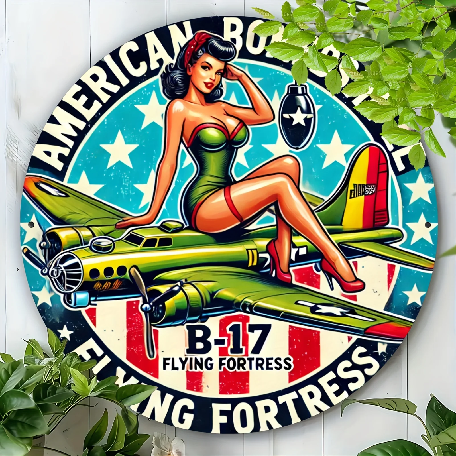 لافتة ألومنيوم دائرية كلاسيكية B-17 Flying Fortress - 20.32x20.32 سم ديكور حائط قديم مع تصميم العلم الأمريكي، متينة وE