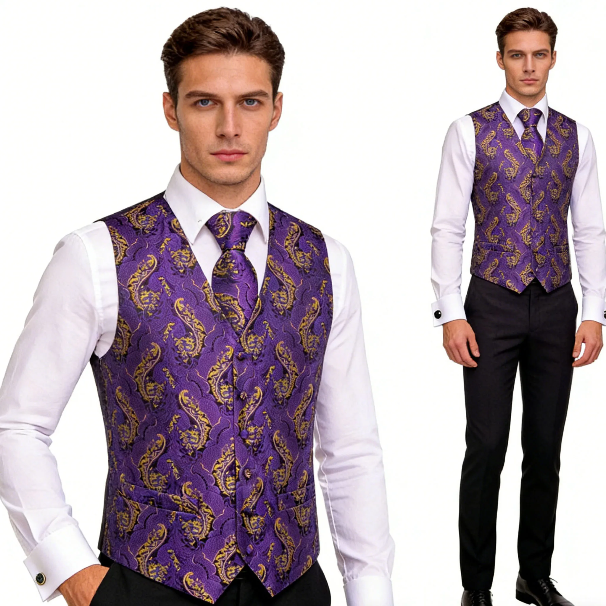 

Mens Purple Suit Vest Tie Hanky Cufflinks Set Jacquard Floral Paisley Waistcoat Sleeveless Jacket for Male Wedding Busniess