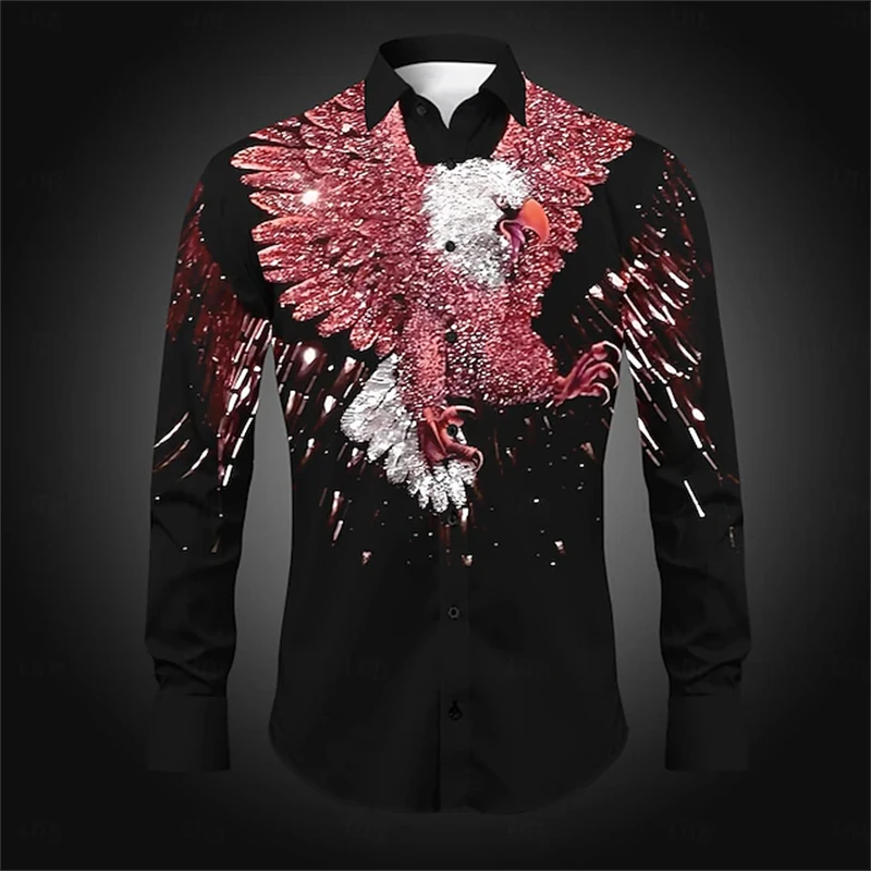 2026年メンズファッション長袖シャツ秋新作イーグルプリントラペルシャツメンズアウトドアカジュアルストリート撮影旅行シャツ