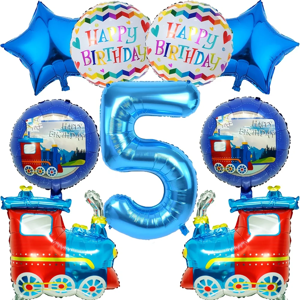 9 stücke Retro zug Ballon Set Blau Digitale Folien Ballon Cartoon Zug Ballon Geburtstag Party Dekoration Lieferungen Baby Dusche