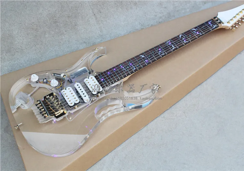 Flyoung Double Shake Left Hand Electric Guitar Organic Glass Acrylic Transparent Body Fingerboard with Blue Light