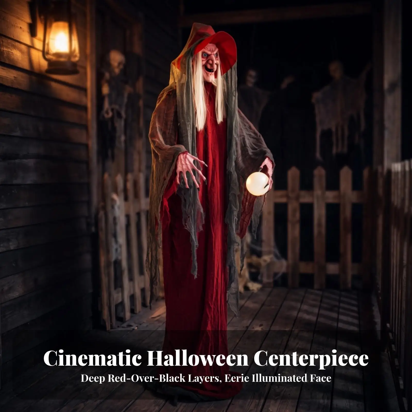 190cm Halloween Standing Witch Decor Red Robe Gray Tattered Cloak with Light Up Ball for Scary Party Entrance Decoration