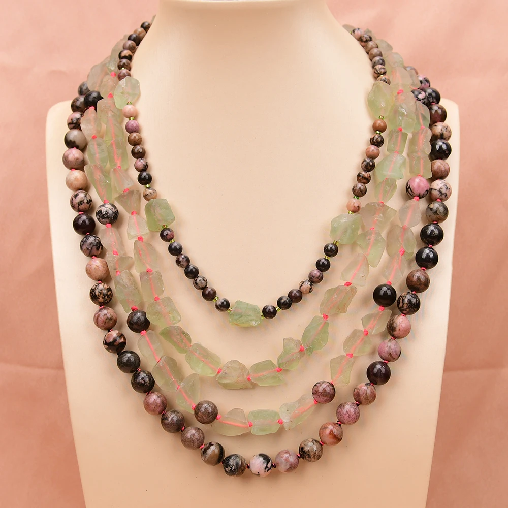APDGG A78 Handmade 4 Rows Natural Mix Stone Green Fluorite Red Rhodochrosite Multi Strands Necklace