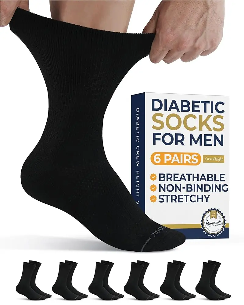 

6 Pairs Men's Diabetic Crew Socks Non-Binding Stretch Loose Fit Health Socks for Swollen Feet Edema Neuropathy Soft Breathable Circulation Socks Size 10-13
