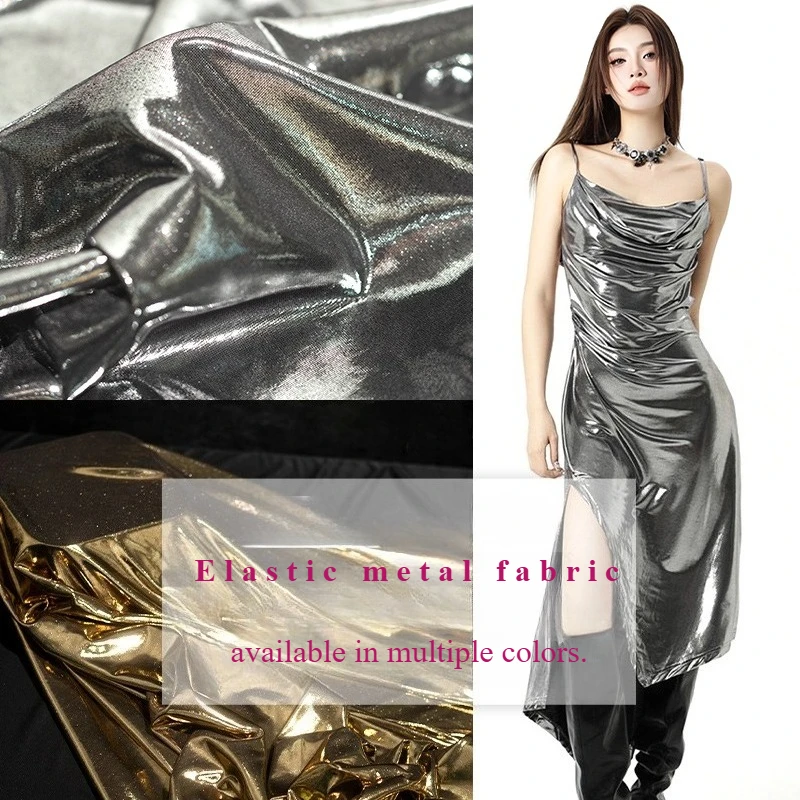 

Liquid metal texture hot silver bright fabric elastic knitted mirror silver suspender skirt dress designer fabric