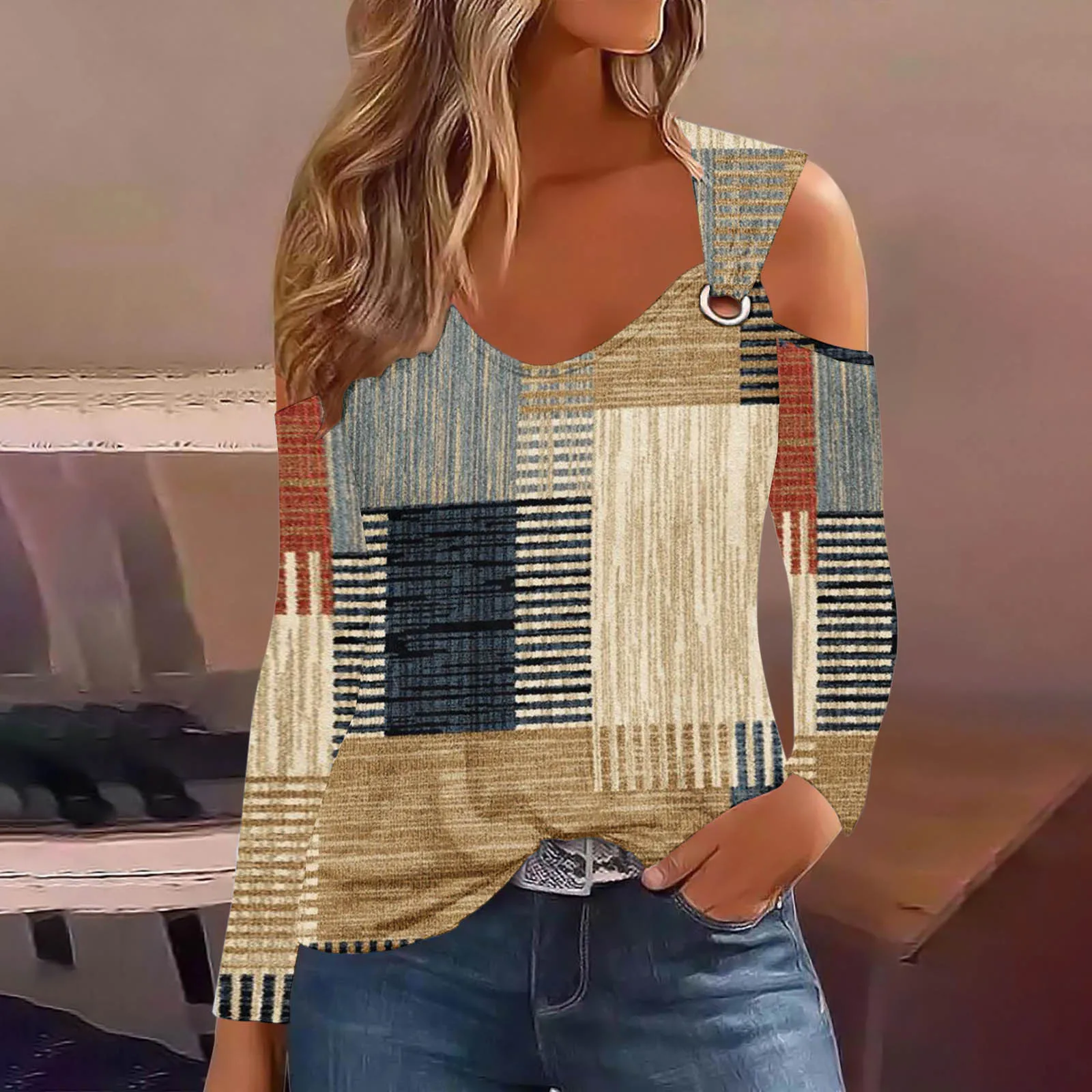 2024 Jesienna koszulka z długim rękawem dla kobiet Casual Hollow Out Tshirt Damskie topy z nadrukiem w paski Sexy Off Shoulder T Shirt Top Femme