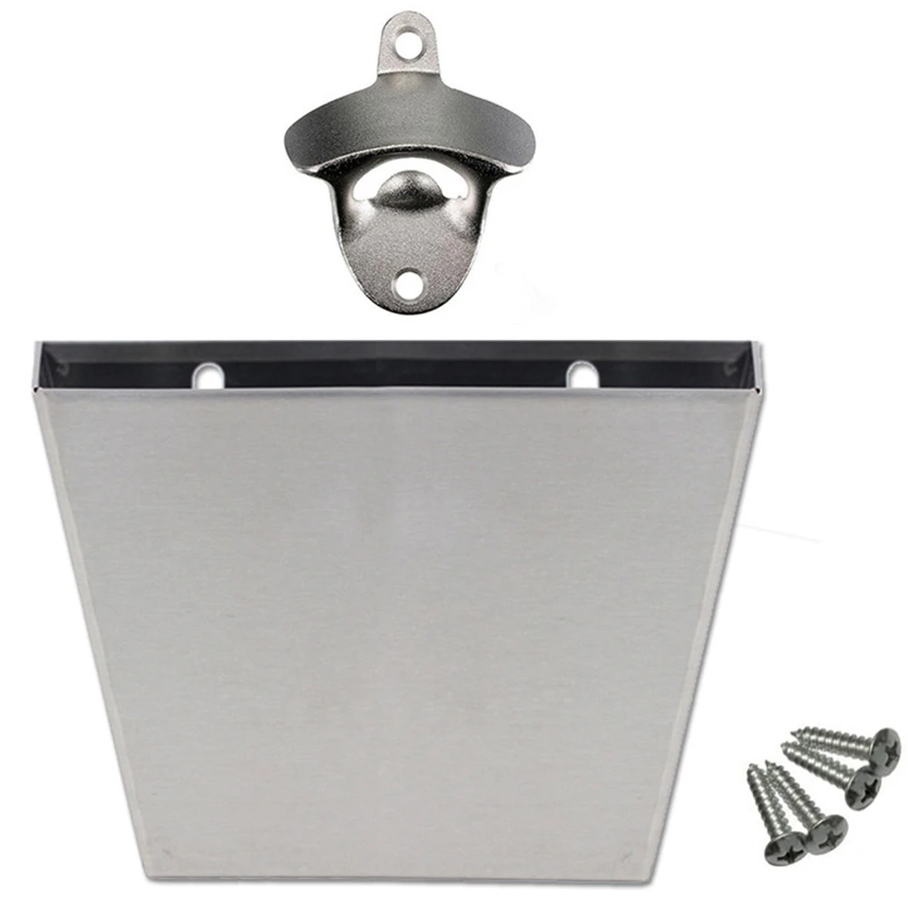 Stainless Steel Bottle Opener Wall Mounted Beer Cap Catcher Storage Bucket Box with Screws for Kitchen Bar Holder Tool B