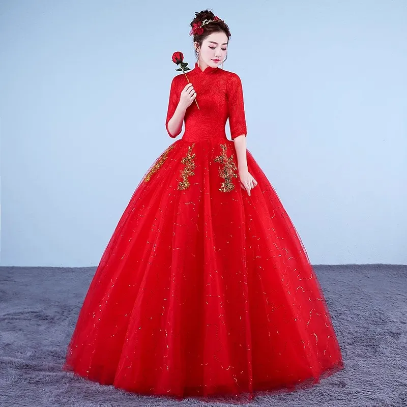 It's Yiiya Red Wedding Dress Lace High Collar Half Sleeves Sequins Bling Tulle Princess Floor-length Plus size Bride Ball Gowns