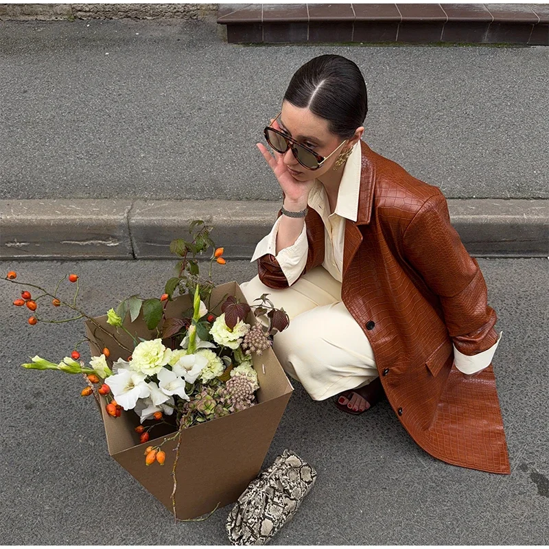 Fashion Loose Solid Pu Leather Coat Women Full Sleeve Lapel Single Breasted Long Coats Female 2026 Autumn Winter Outwear Lady