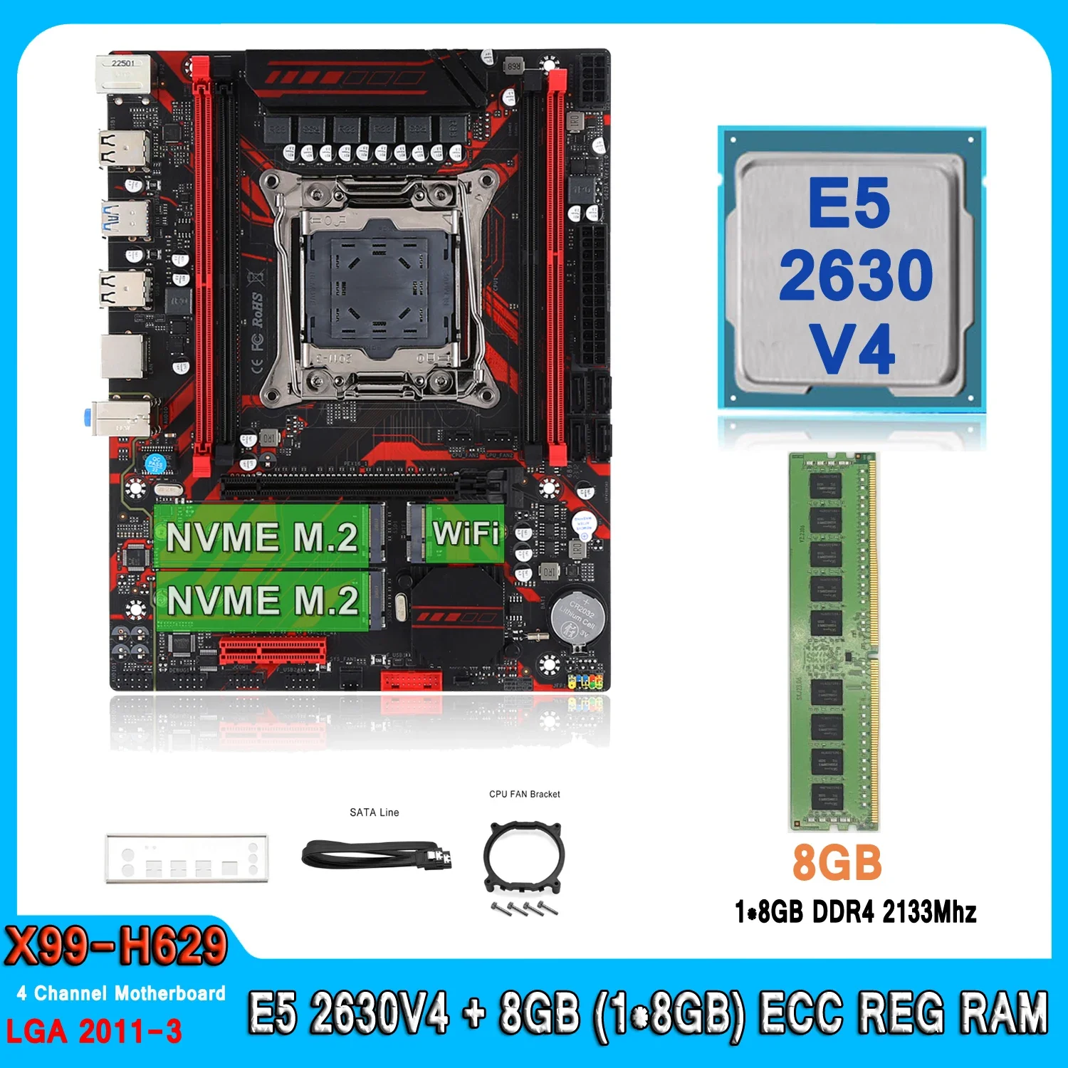 X99 Motherboard Kit XEON LGA 2011-3 Set E5 2630 V4 With 8GB(1*8GB) DDR4 REG RAM Combo Four Channel E5 2630V4 Motherboard Set