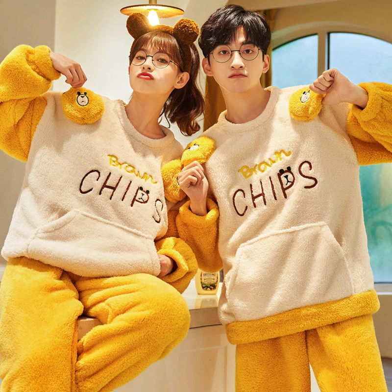 Cartoon Bear Pijamas Sets Anime  Women Men Winter Thicken Couples Pajamas Suit Soft Warm Men Sleepwear Pyjama Pour Femme  Lovers