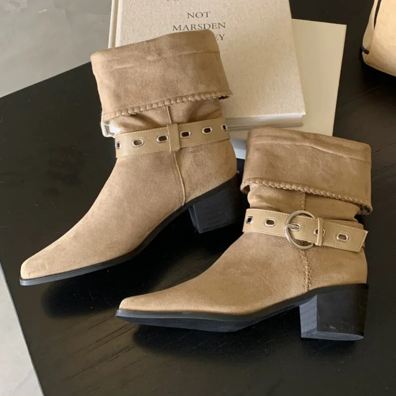 

Retro Suede Chunky Heel Ankle Boots for Women Autumn Winter Fashion Belt Buckle Design Knight Boot Casual Outdoor Cowboy Boots