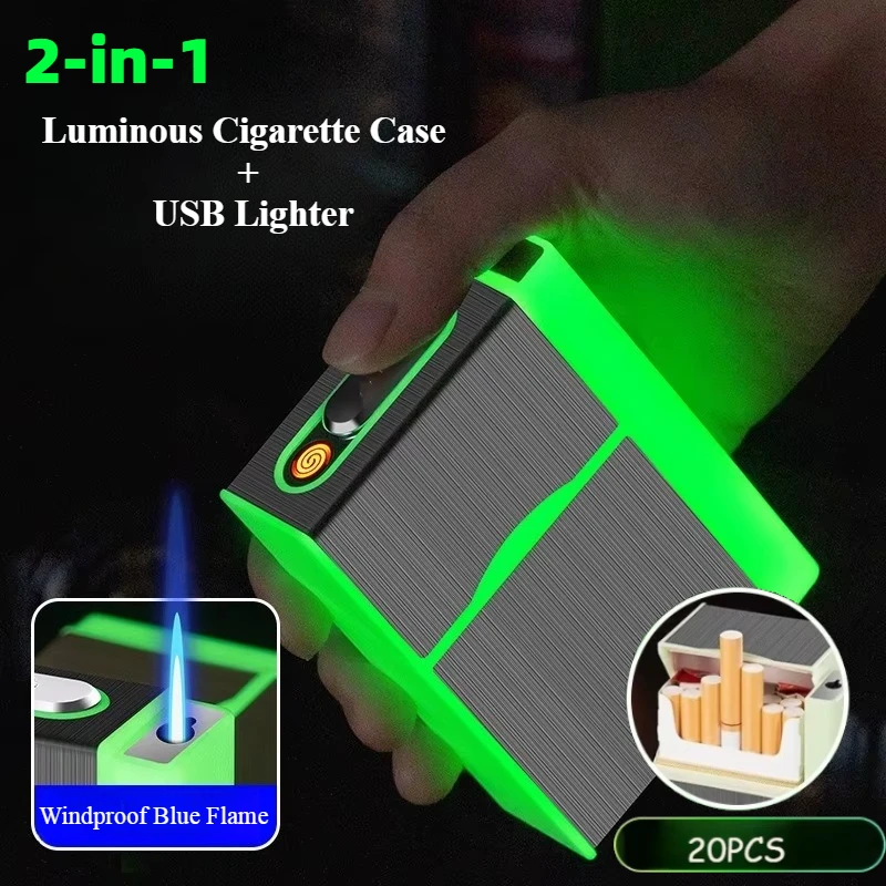 2025 2-in-1 Luminous Cigarette Case + USB Lighter Holds 20pcs 100mm Cigarettes Waterproof Rechargeable Cigarette Box & Dual-Use