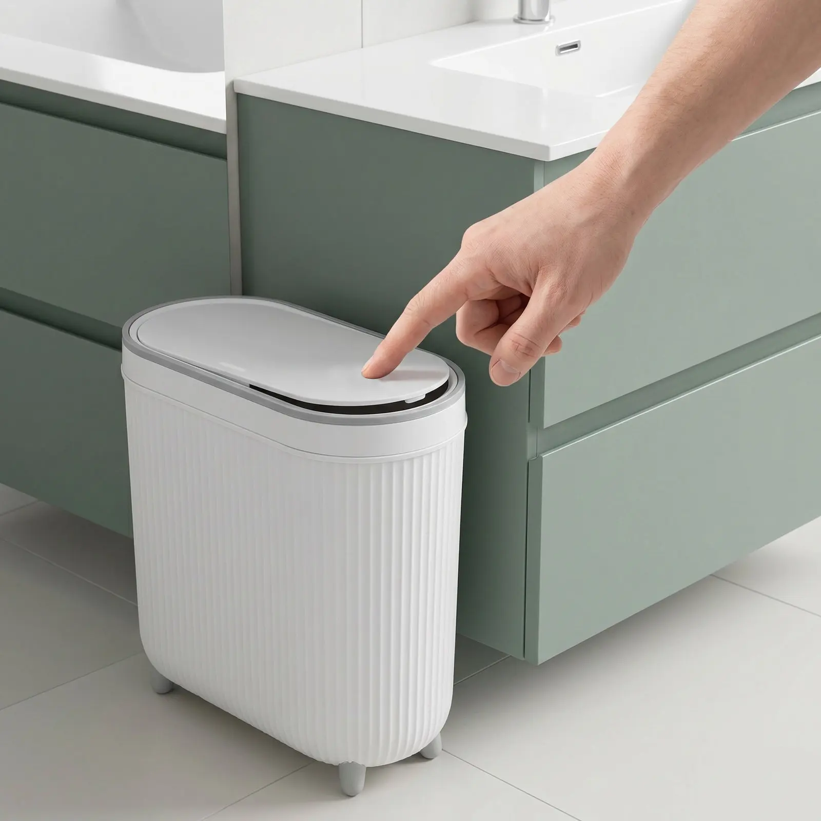 Slim Bathroom Trash Can 3 Gallon Narrow Plastic Garbage Bin Press Top Lid Elevated Feet Space Saving Toilet Kitchen Wastebasket