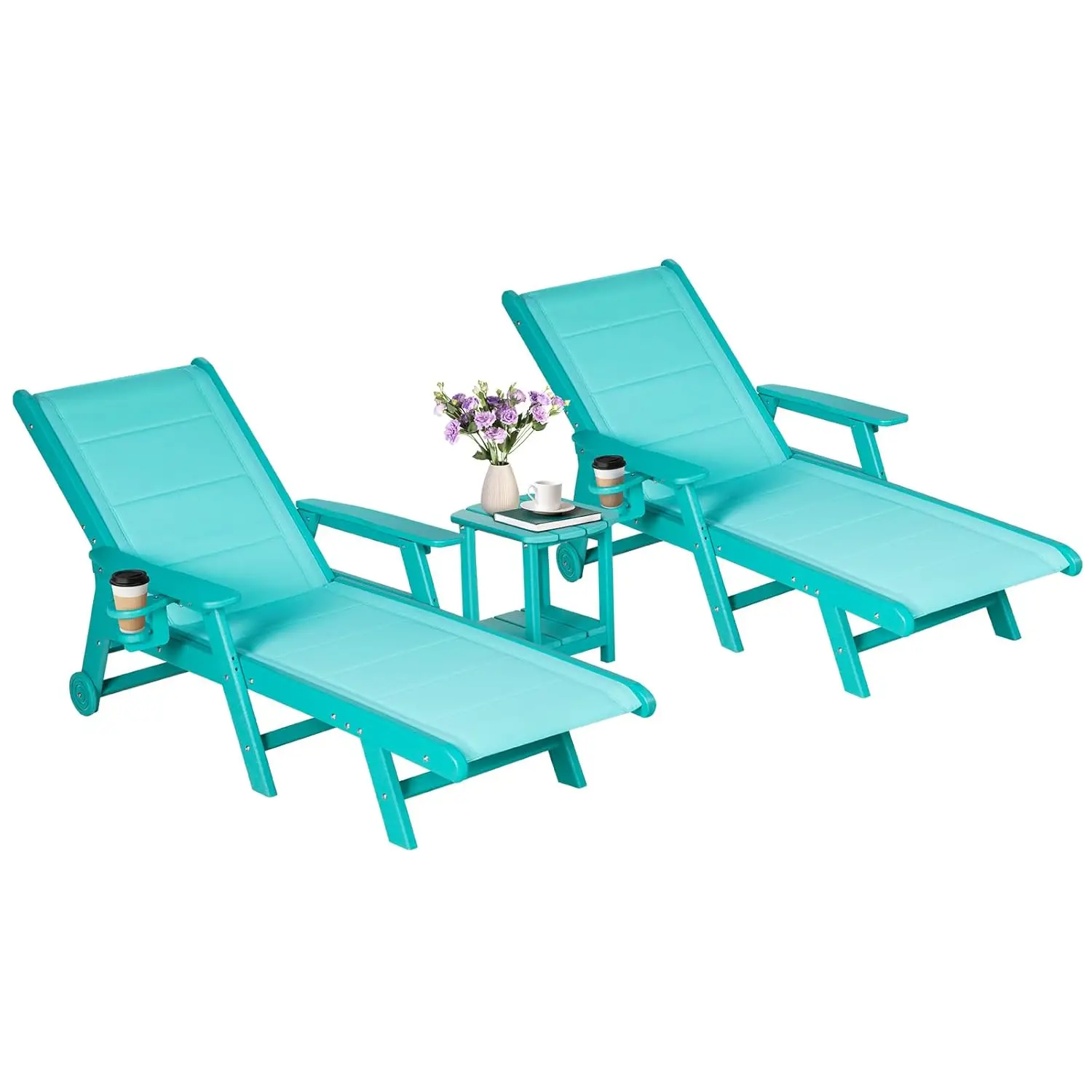 Outdoor Chaise Lounge Chair with Table Set of 3, 5-Position Adjustable Padded Patio Lounge Chair with Wheels & Cup, Customized