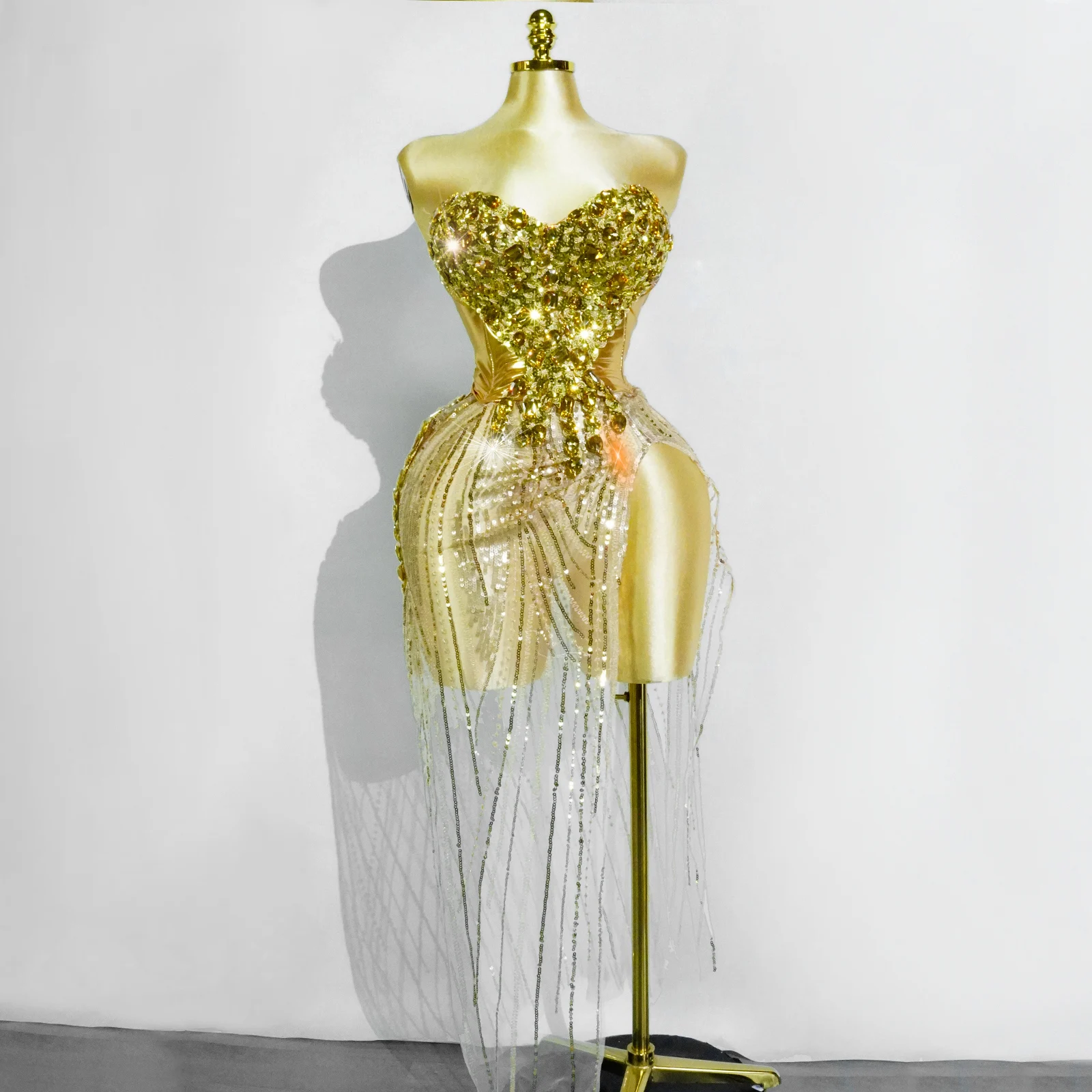 Ekskluzywne Złote Sukienki Seksowne Zestawy Top i Spódnica Siateczka Cekiny Kryształ Ślub Urodziny Impreza Klub Drag Queen Kostiumy Występ Sceniczny