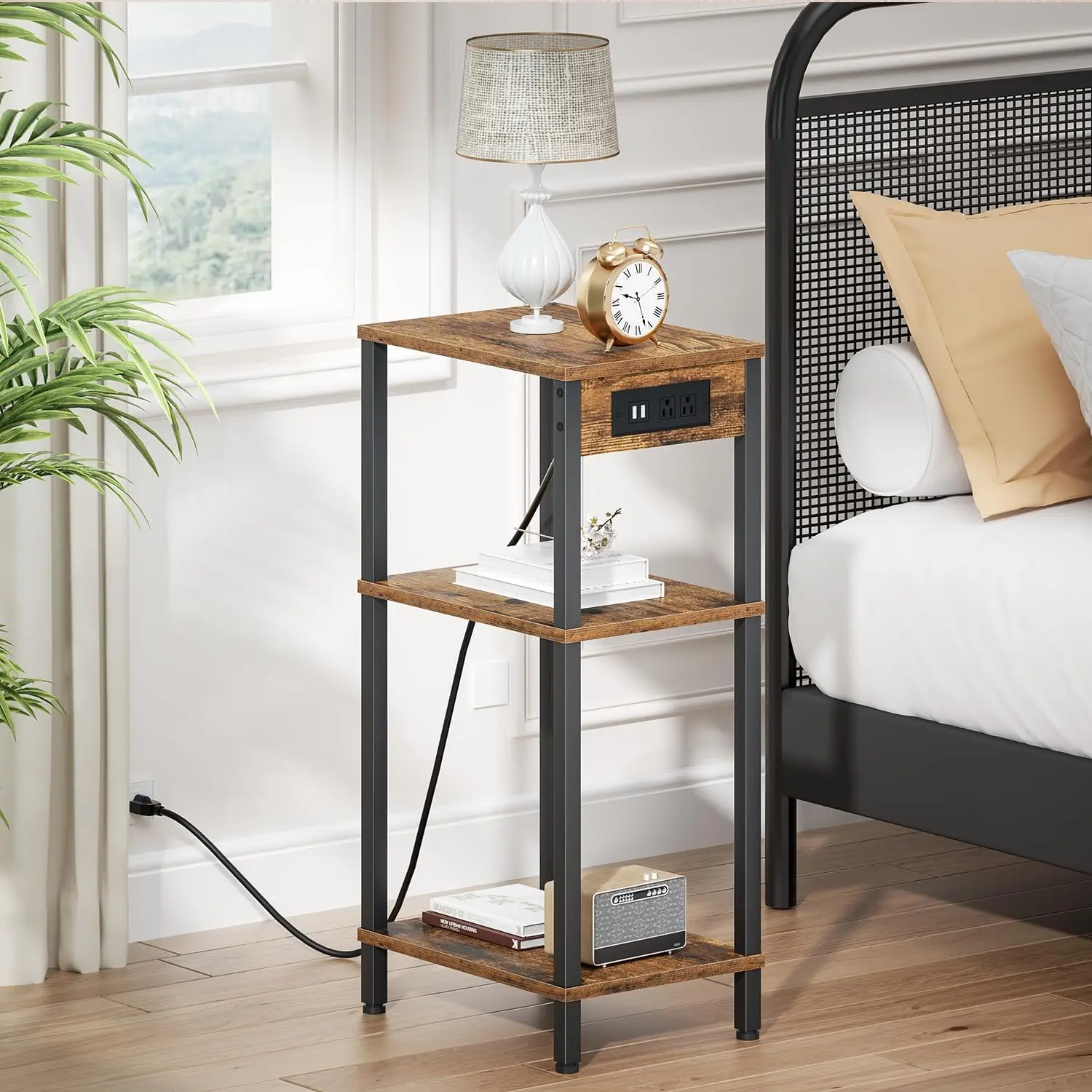 Side Table with Charging Station, Tall End Tables Living Room
