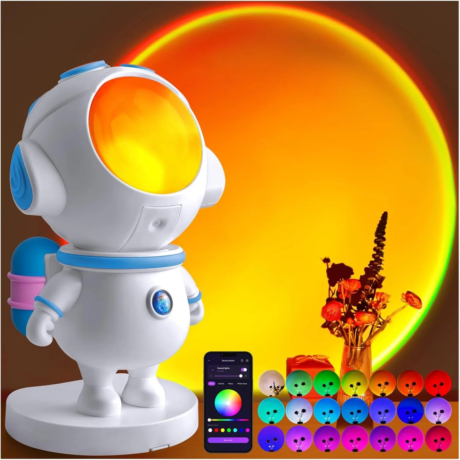 Astronaut Sunset Lamp Projector, 720° Magnetic Rotating RGB LED Night Light with Smart APP Control, Aesthetic Room Decor for