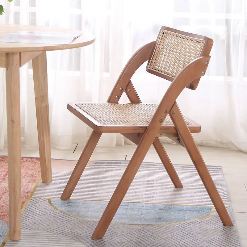 Rattan Chair Nordic Solid Wood Retro Folding Chair Home Backrest Chair Folding Dining Chair Simple Leisure Restaurant Chair