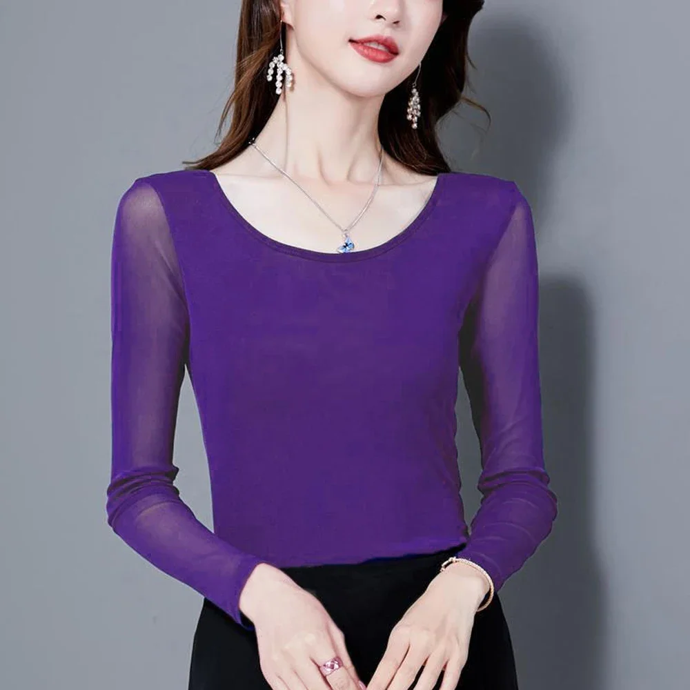 Women Stretch Mesh T Shirt S-4XL Ladies O-neck Full Sleeve Shirt Female Bottoming Blouses Green Blue Purple Red Rose Sexy Tops