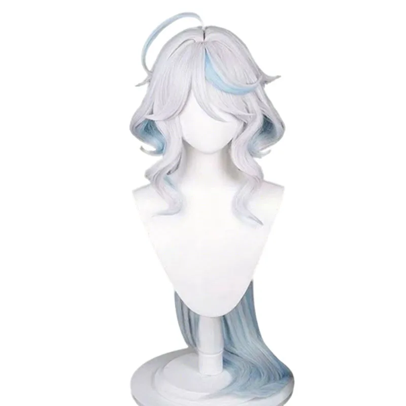 Game Genshin Impact Furina Cosplay Wig White Blue Long Synthetic Hair Brooch Necklace For Women Men Halloween Costume Party
