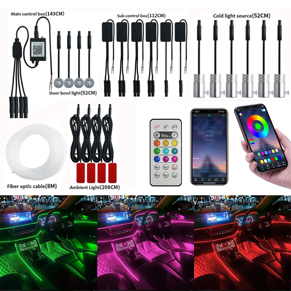 14 in 1 LED Car Ambient Light Interior Optical Fiber RGB Neon Strip For Decoration Atmosphere Lamp With Bluetooth App Control