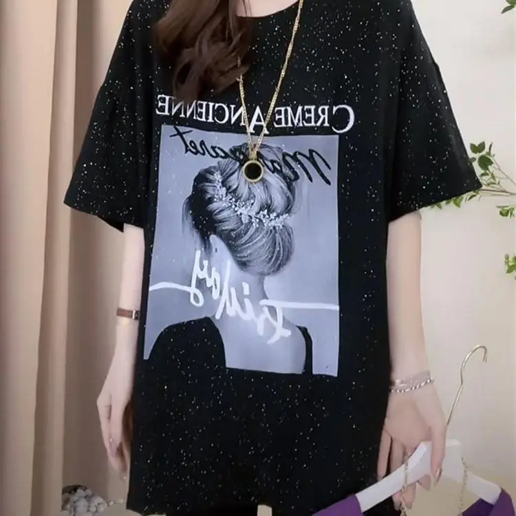 

Popular loose, stylish and versatile printed slit mid-length short-sleeve T-shirts for plus-size women in spring and summer