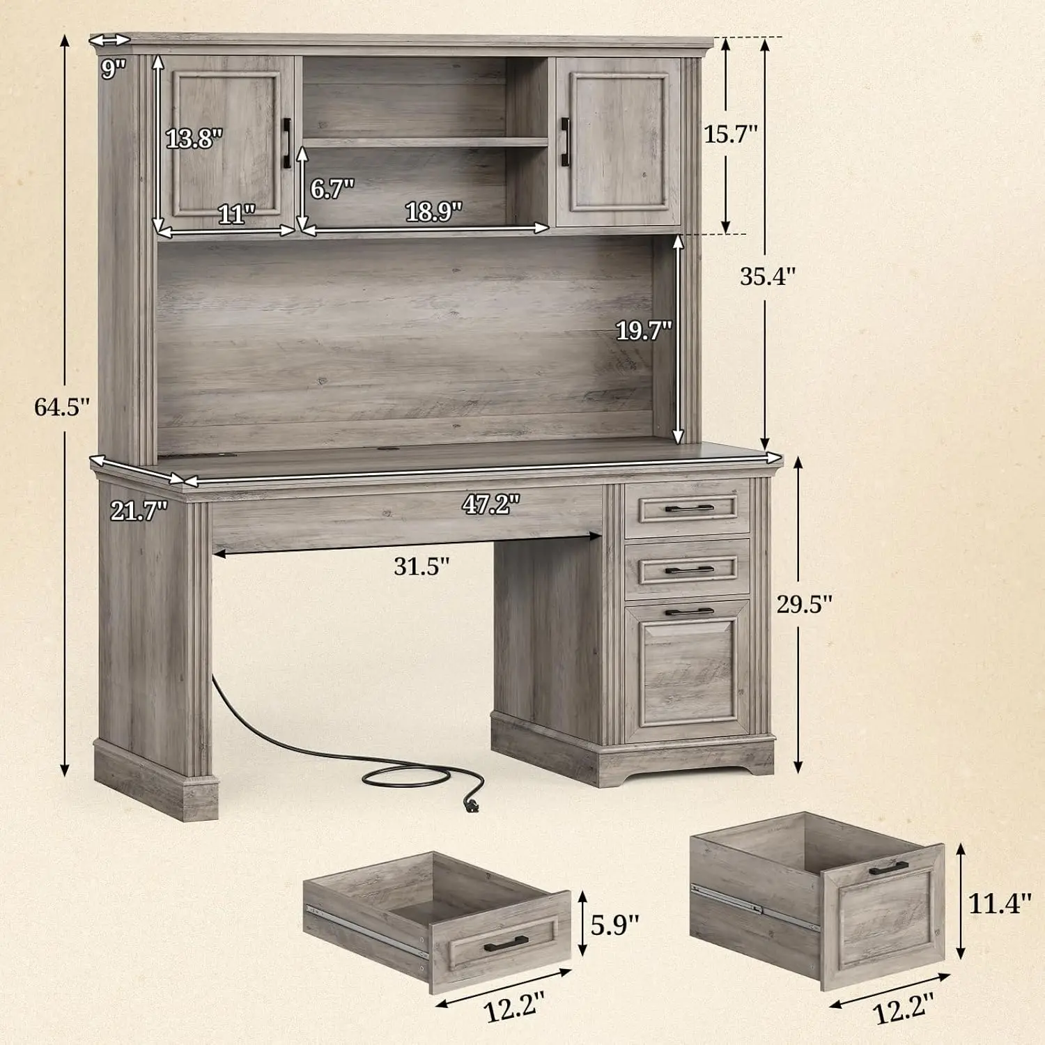 Bureau de ferme en bois avec alimentation, bureau d'ordinateur exécutif avec rangement, armoire de proximité, clapier, 3 portes de proximité, 47.2 po