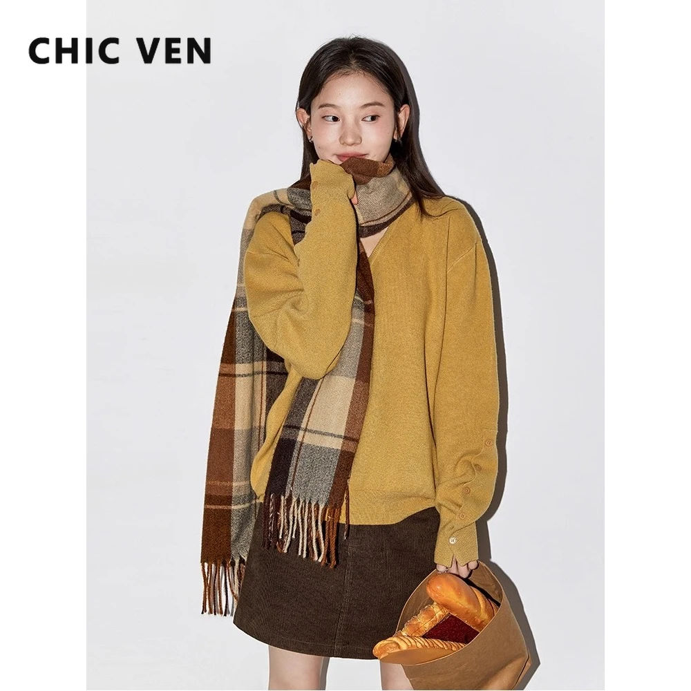 

CHIC VEN Fashion Women Sweaters Loose Casual New Basic V-neck Knitted Jumpers Female Warm Top Pullover Autumn Winter 2025