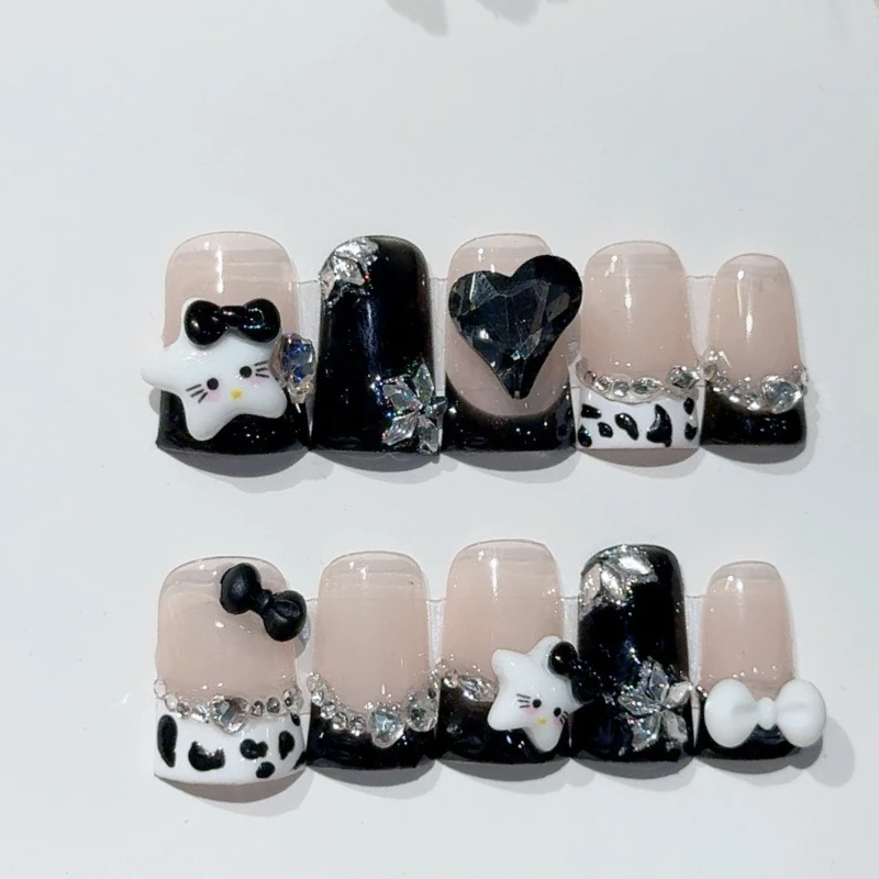 

10Pcs Short Duckbill Handmade Nails Cute Hellokitty False Nail Bow Black French Rhinestone Press on Nails Acrylic Set for Daily