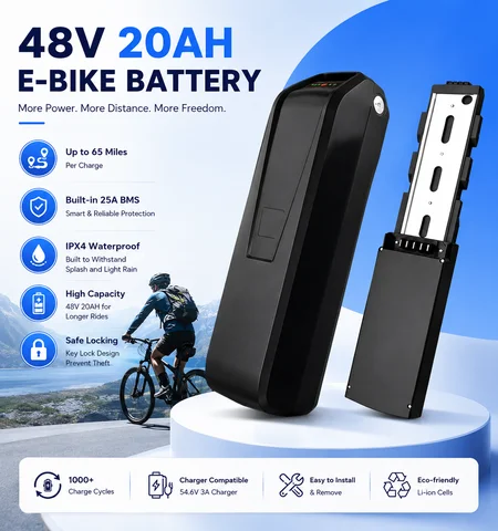 48V Lithium Ebike Battery 12Ah/15Ah/20Ah,25A BMS,for 100-1500W Electric Bicycles & Motorcycles, Includes 3A Charger XT60 Connector