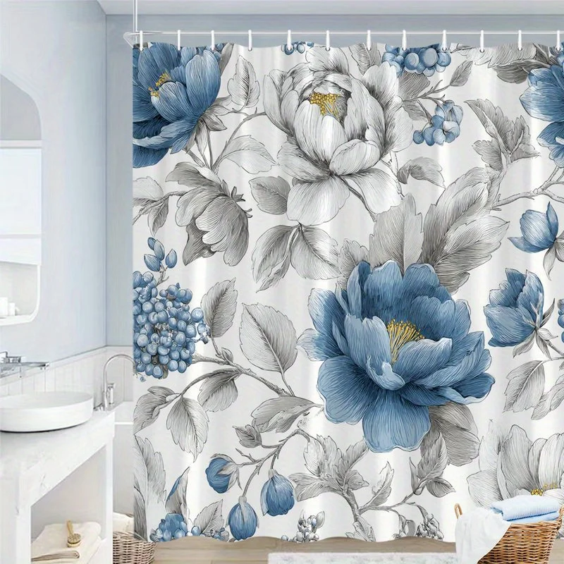 

Blue shower curtain with peony and hydrangea pattern, machine washable polyester, with hooks, suitable for bathroom décor.