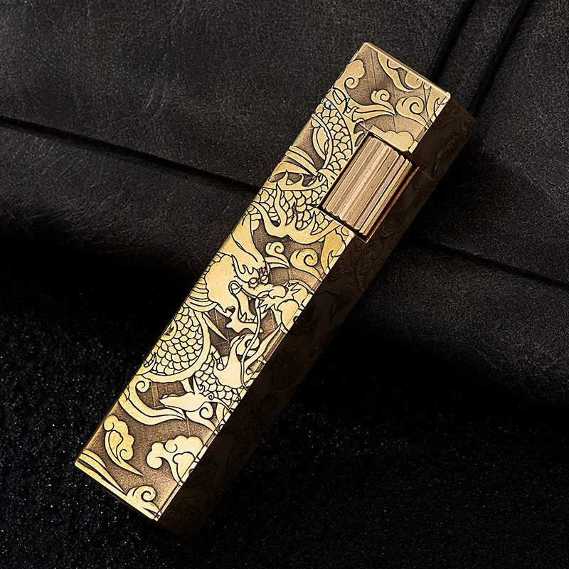 R09 Xiangyun Shenlong Pure Copper Carved Kerosene Lighter High-end Men\'s Gift Retro Brass Carved on Four Sides