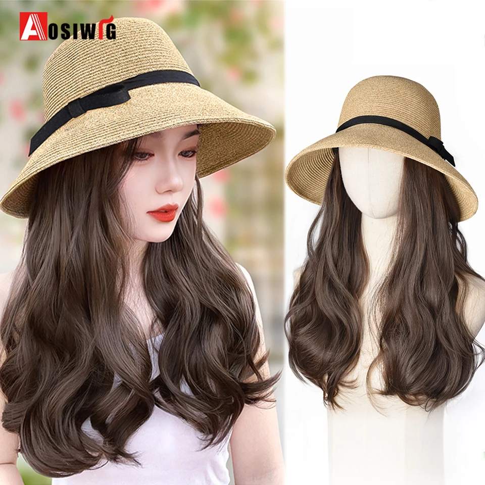 

AOSI Synthetic Fluffy Natural Long Wave Wavy Curly Hair Wigs With Cap Fisherman's Hat Naturally Connect Adjustable Hat Wig