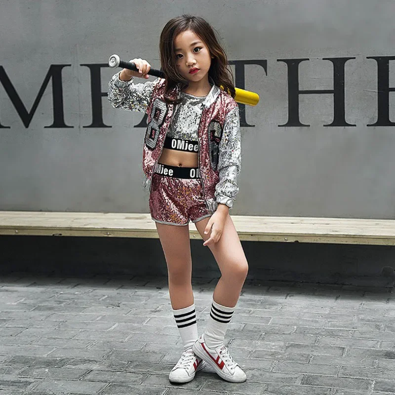 children girl Hip Hop Costume sequins glitter jazz street dance Costume baseball clothes coat pants T-shirt kid  pink silver kid