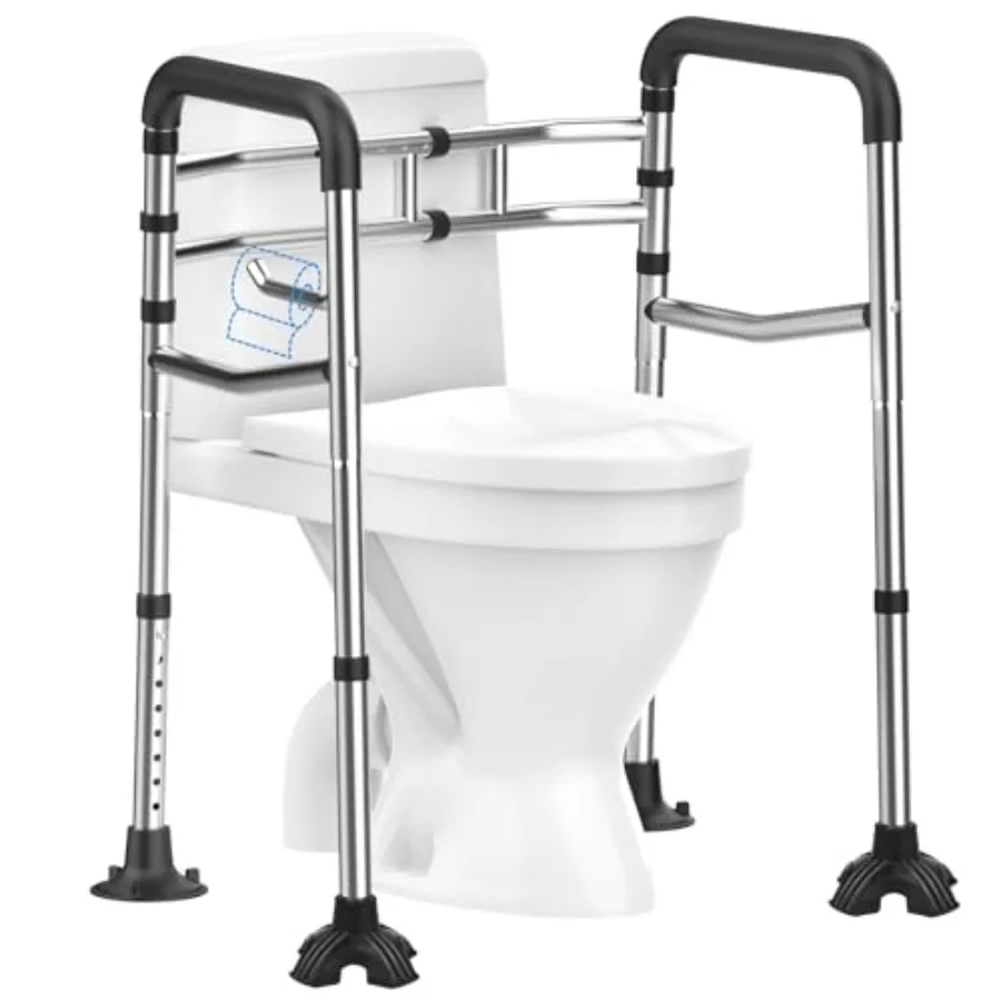 

Toilet Safety Rails Stainless Steel Adjustable Frame with Soft HandlesTissue Holder 380LBS Foldable Detachable for Elderly Seni