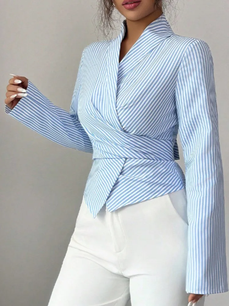 

Fashion Striped Long-sleeved Shirt Autumn Temperament Commuting Shirt Collar Tie Shirt Cardigan Women's Elegant Versatile Tops