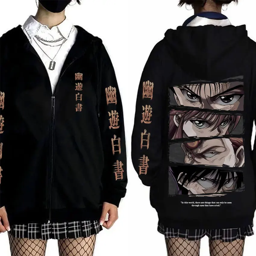 

Anime YuYu Hakusho Kuwabara Kazuma Kurama Minamino Shuuichi Hiei Urameshi Yuusuke Eyes Graphic Zipper Hoodies Male Streetwear