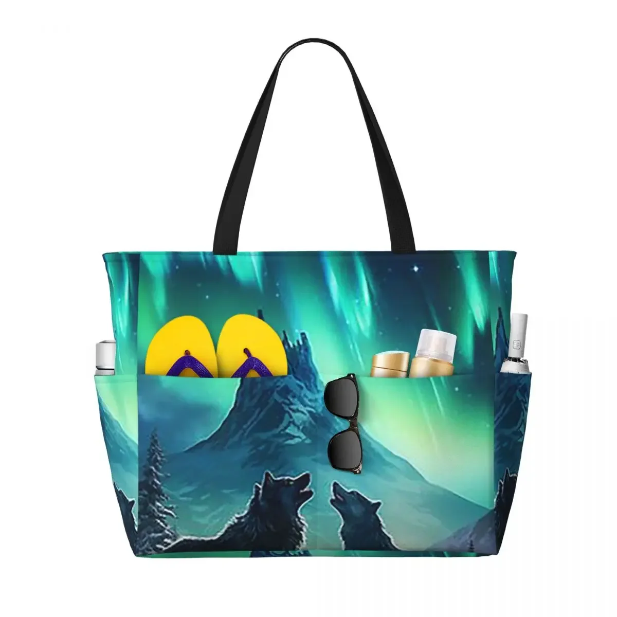 Wolf Northern Light Aurora Borealis Scenery Mountains Rivers Trees Beach Tote Bag Large Tote Bag Women Travel Bag Fitness bag