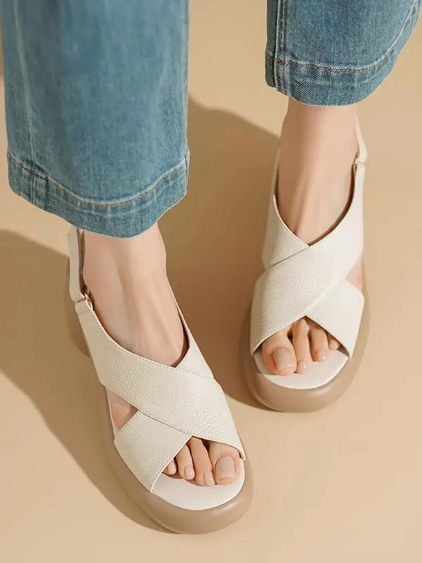 

Женские летние сандалии в римском стиле из мягкой кожи, удобные кожаные повседневные сандалии на тонком каблуке с перекрестной лентой и открытым носком