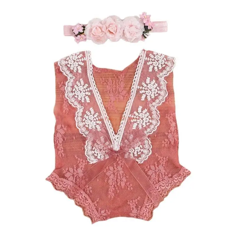 

96GC Baby Lace Romper Set Set Newborn Photography Props Bodysuit Компания с цветочной группой для детской фотографии