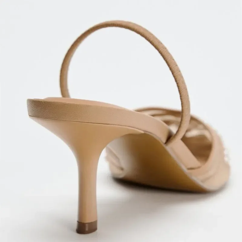 Mesh Embroidery Heeled Sandals Women Sexy Pointed Toe String Bead Slingback High Heels Summer Elegant Party Dress Designer Shoes image 4