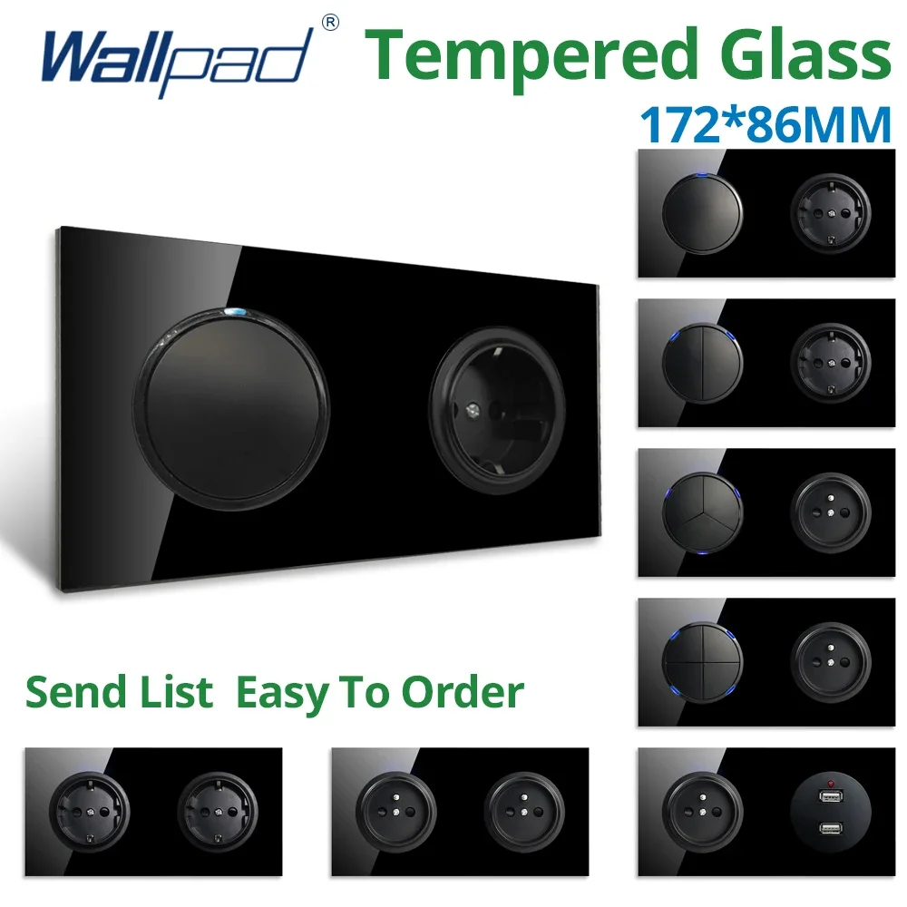 Wallpad Black Dual Double Glass Panel 1 2 3 4 Gang Wall Light Switch and USB EU UK Electric Socket Outlet Round Button 172*86mm