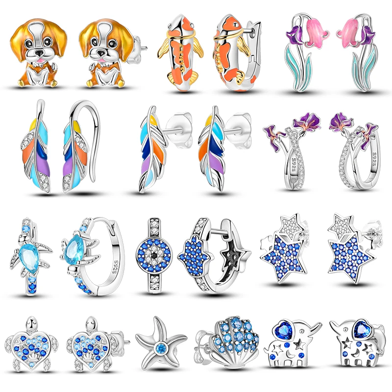 Cute Dog Earrings 925 Sterling Silver Original Zircon Lucky koi Elephant Feather Blue Turtle Small Earrings For Women Jewelry