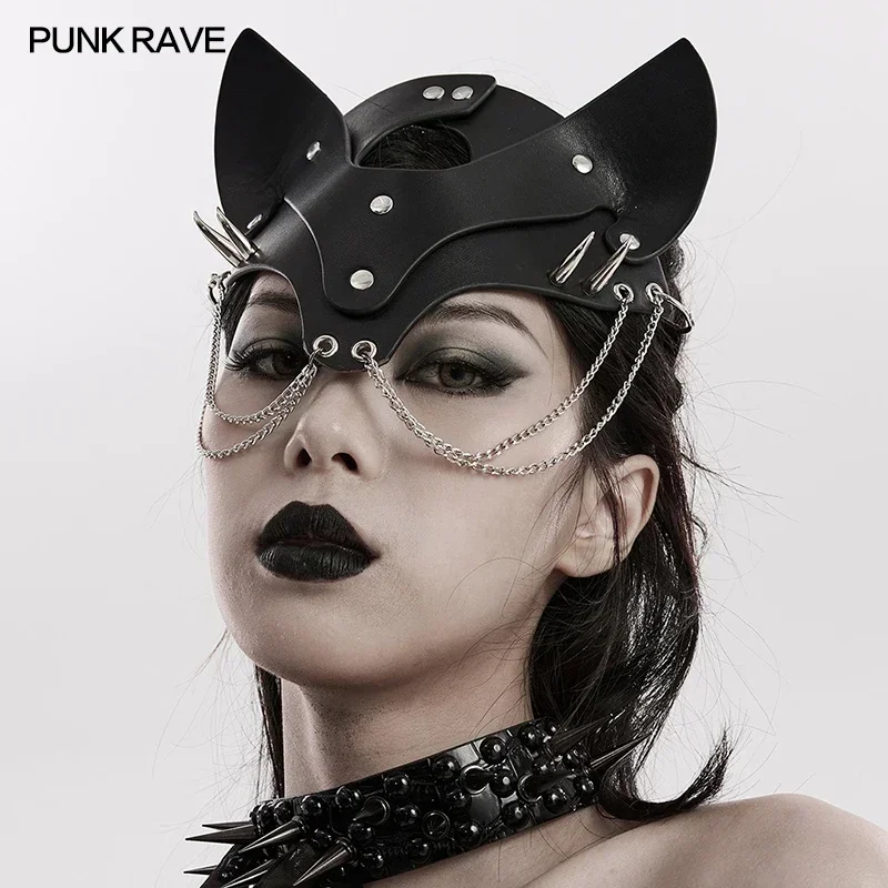 PUNK RAVE-mascarilla Punk de piel sintética para mujer, máscara de zorro, cuerda elástica ajustable, accesorios sexys para Halloween, Cosplay