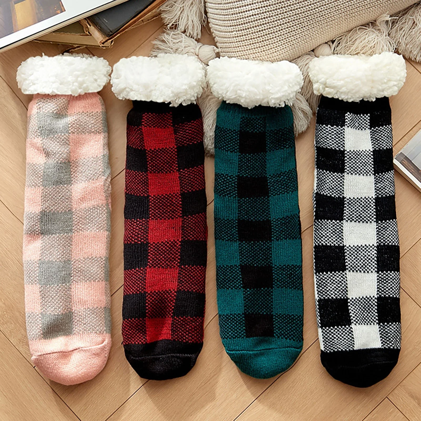 

Fluffy Non Slip Socks Women Plaid Winter Warm Short Cotton Thickened Home Sleeping Thermal Soft Anti Skid Floor Fuzzy Sock Male