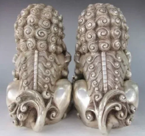 A Pair Chinese Antique Silver Guardian Lion Foo Fu Dog Door guard Statue