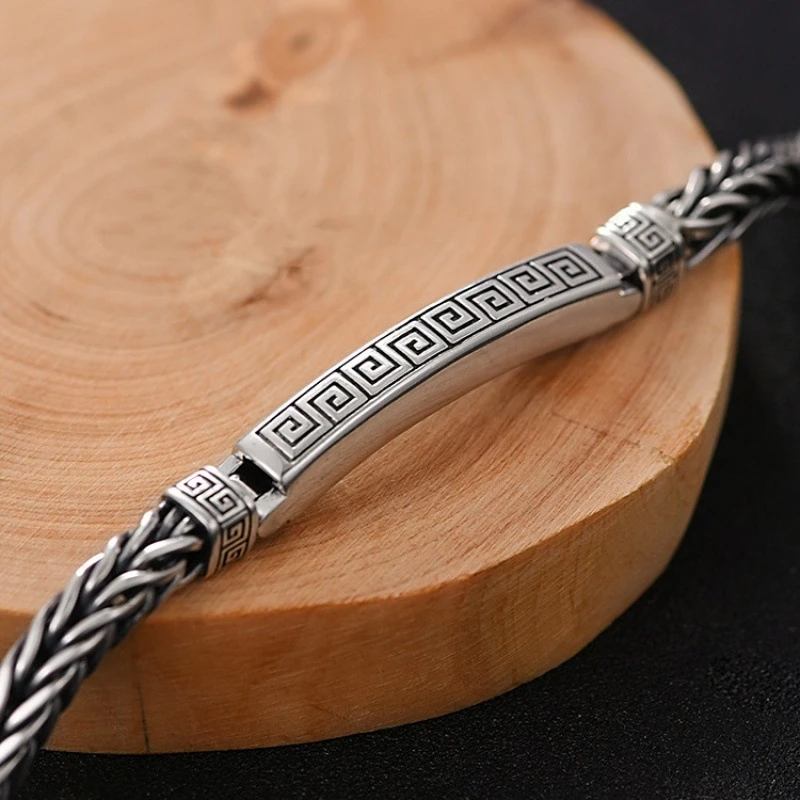S925 Sterling Silver Retro Circular Pattern Pin Bracelet For Men And Women A Trendy And Creative Jewelry Gift