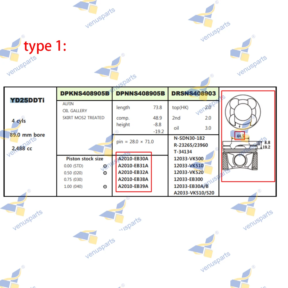 For Nissan YD25 YD25DDTi Overhaul Rebuild Kit Piston Ring Cylinder Liner Full Gasket Set Engine Parts A2010-VK50A