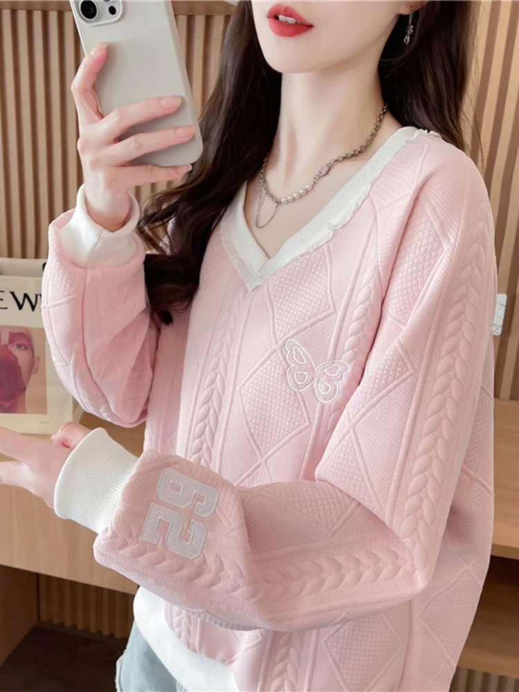 Primavera Autunno Dolce Top morbido Ragazze Alla moda Allentato scollo a V in pizzo con volant Bordo in rilievo Farfalla Digitale Fresco Pullover casual